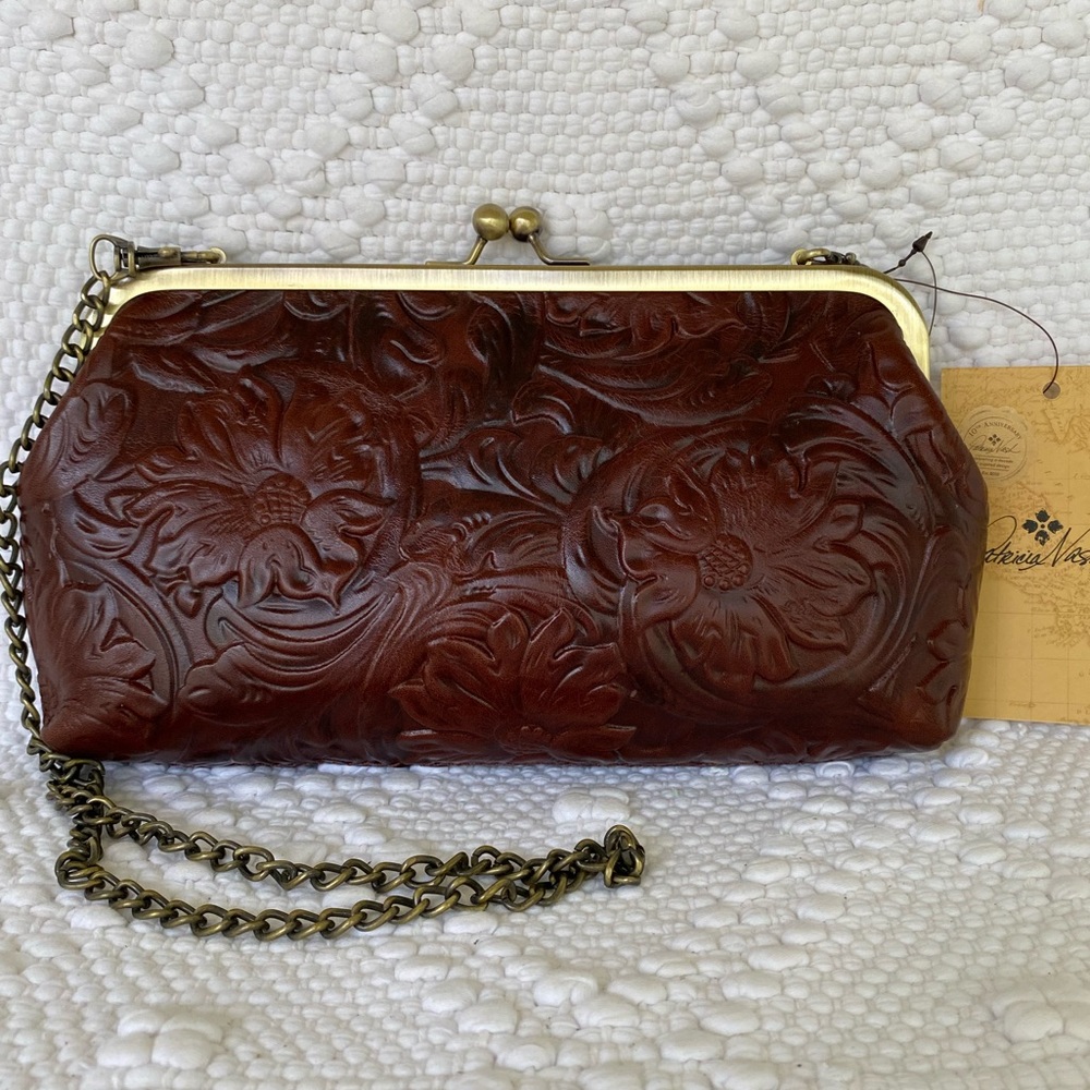 Patricia Nash Embossed Floral Leather Clutch in Burnt Brown with Brass Hardware